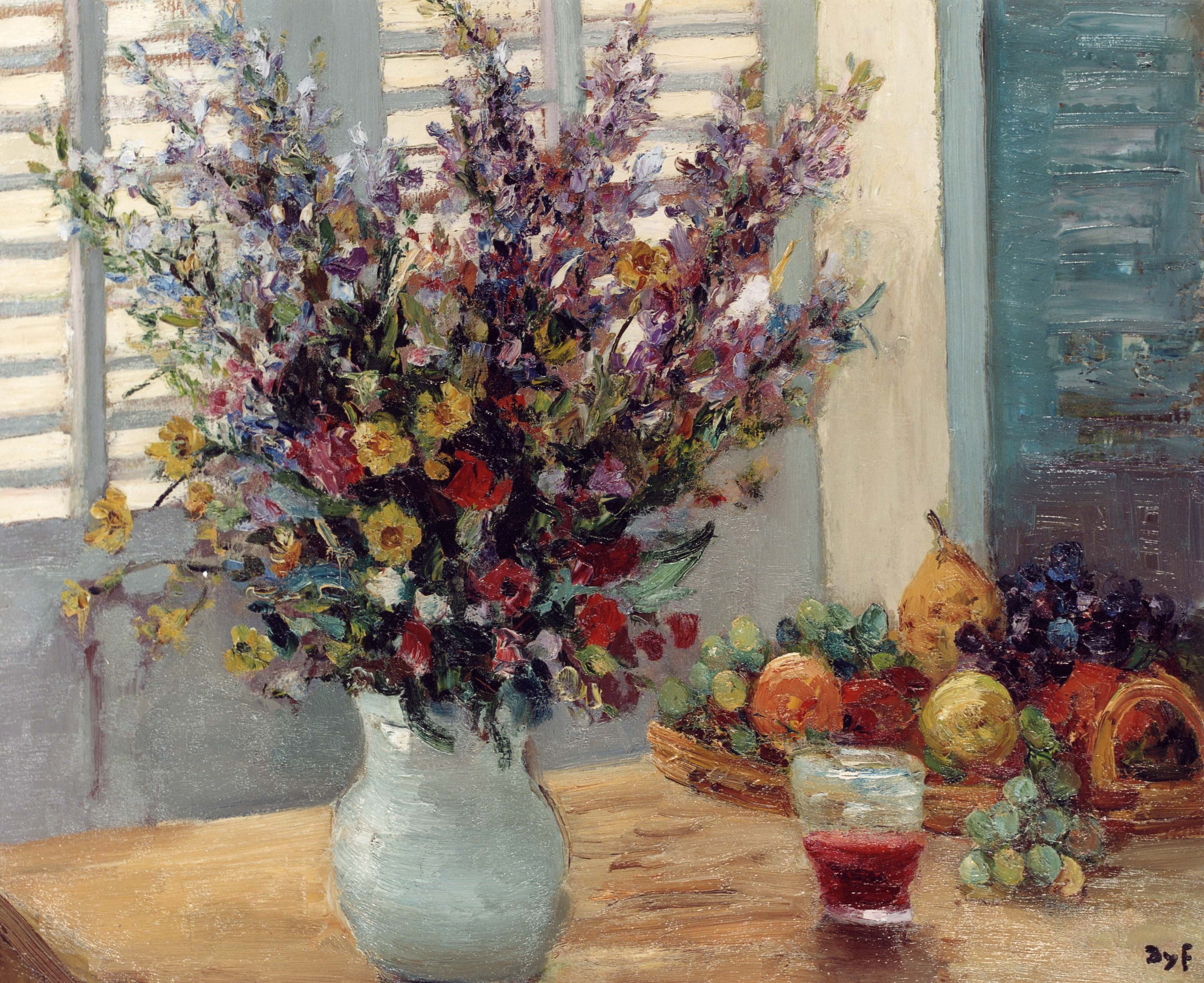 MarcelDyfA Vase of Flowers & Fruit on a Table - A Vase of Flowers 